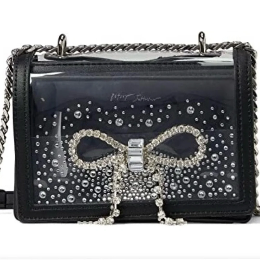 BETSEY JOHNSON Stadium bag Embellished Bow Black Clear Silver bling Like new - Picture 3 of 15